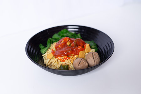 Indonesian Mie Ayam with meatball and vegetable served on black bowl. Delicious and savory. Close upの写真素材