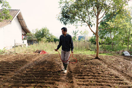 A peanut farmer watering his crops with a red hose in the field. Manual irrigation process to support healthy plant growth in rural agriculture.の写真素材