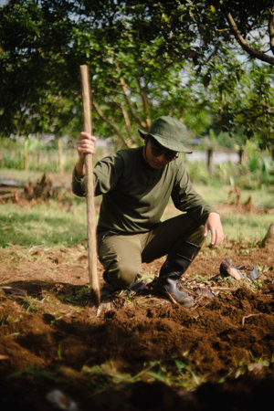 A peanut farmer manually creating holes in the soil using a wooden stick to plant peanut seeds. Traditional farming methodの写真素材