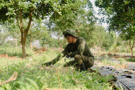 A farmer cleaning out weeds and unwanted plants from a garden to ensure healthy crop growth and reduce competition for nutrientsの写真素材