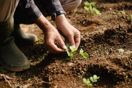 A peanut farmer inspecting the field as young peanut plants begin to sprout gradually from the soil. Early stage of crop growth in traditional farming.の写真素材