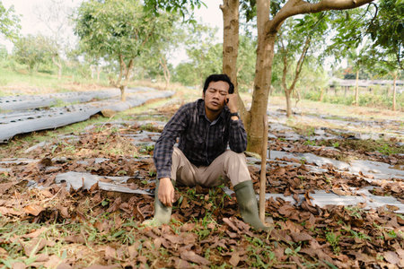 A tired farmer resting under a tree beside his hoe after working in the field. Taking a break from...