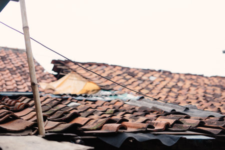 A close-up shot showcases the intricate details of weathered terracotta roof tiles. The image captures the texture and pattern of the aged materials, highlighting the architectural details of aの写真素材