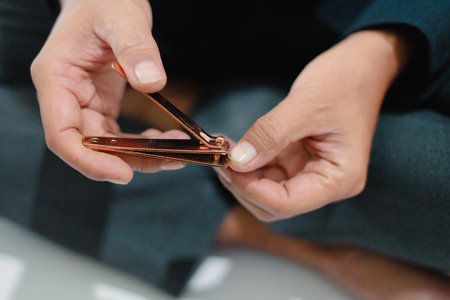 Close up of a person's hands using nail clippers to trim their nails, illustrating self-care and personal grooming habits for hygieneの写真素材