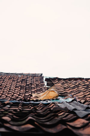 A detailed image capturing a damaged terracotta tile roof against a bright sky, showcasing age and weathering. The texture, damage, and contrast of the tiles create a visual narrative.の写真素材