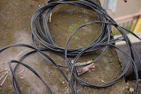 A close-up shot of coiled black electrical cable rests on a weathered, textured surface. The...