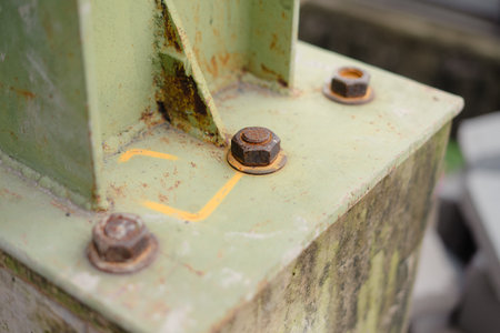 Close-up view of a weathered metal structure featuring bolts, rust, and aged paint. This image captures the essence of industrial decay and the passage of time on a construction elementの写真素材
