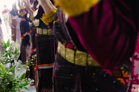 A cultural display of traditional attire and movement, featuring ornate garments and intricate details during a celebration or ceremony. The photo captures the essence of cultural heritage.の写真素材