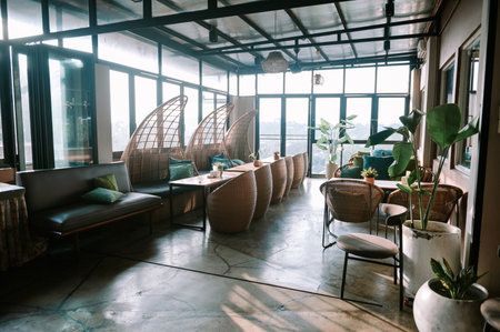 Indoor cafe area with modern seating, wicker chairs, and plants bathed in natural light. Interior design with contemporary style.の写真素材