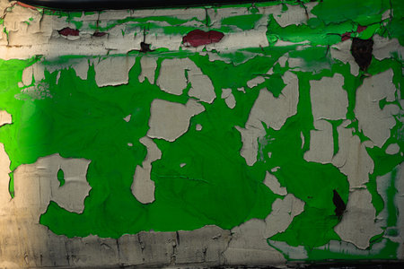 Close up of green paint peeling and cracking on a rough, weathered surface, creating a unique abstract texture.の写真素材