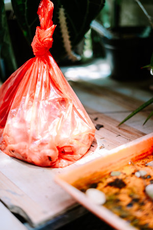 A bright red plastic bag tied shut, filled with organic waste from gardening activities, sits on a wooden surface, ready for disposal.の写真素材