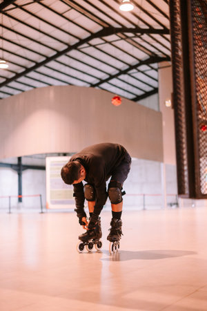 A man adjusts his inline skates and protective gear, including knee pads and wrist guards, preparing...