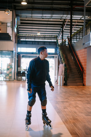 A man in protective gear enjoys inline skating indoors in a spacious, modern facility, highlighting...