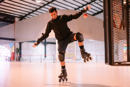 An athletic man wearing protective gear demonstrates impressive balance and skill while inline skating on one leg in a modern indoor roller rink. He is focused on his performance.の写真素材