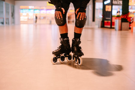 Close-up of a person with inline skates and full protective gear, including knee pads and wrist...