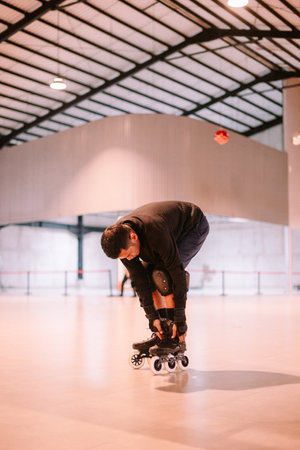 A young man carefully adjusts his inline skates and protective gear, preparing for a rollerblading...