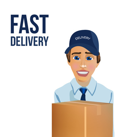 Fast Delivery Messenger with Box. Vector illustrationのイラスト素材