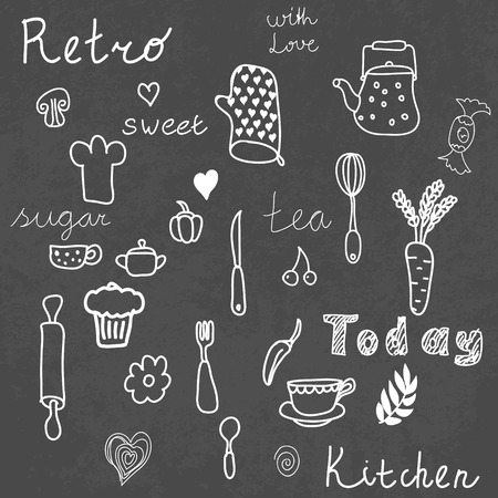 Vintage kitchen Set on Chalkboard. Design elements. Vector illustrationのイラスト素材