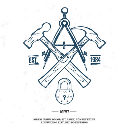 Vintage carpentry tools, labels and design elements vector illustration. grunge on separate layerのイラスト素材