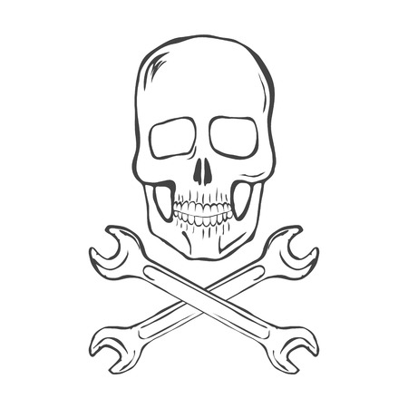 Hand Draw Skull with crossed wrenches on white background vector illustrationのイラスト素材