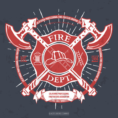 Fire Dept. Label. Helmet with Crossed Axes T-shirt Graphics. Vector Illustrationのイラスト素材
