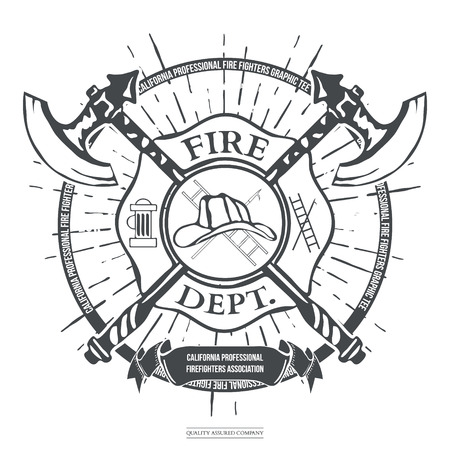 Fire Dept. Label. Helmet with Crossed Axes T-shirt Graphics. Vector Illustrationのイラスト素材