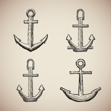 Set of Vintage Marine Anchors isolated engrave. Vector illustrationのイラスト素材