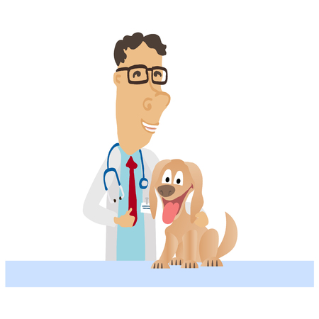 Cartoon Medical Man on white coat with dog. Vector illustrationのイラスト素材
