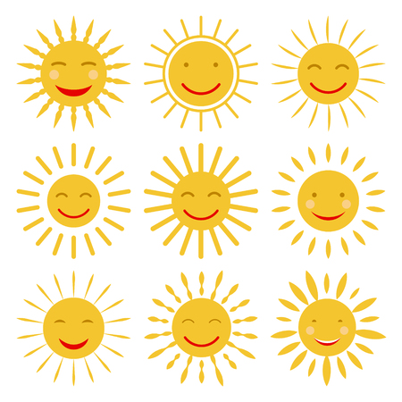 Cute hand drawn sun icons with smile. Vector illustrationのイラスト素材