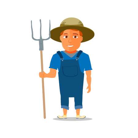 Cartoon Farmer Character with pitchfork. Vector illustrationのイラスト素材