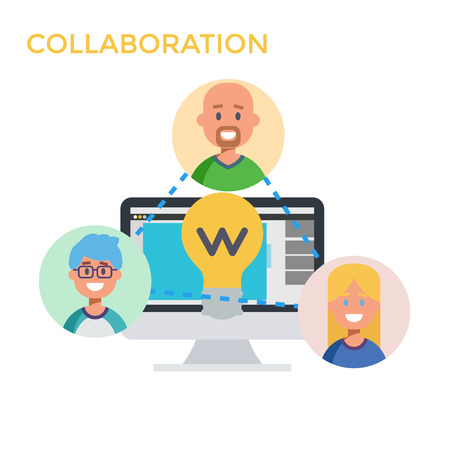 Flat Design Monitor with Characters Icons Collaboration. Vector illustrationのイラスト素材