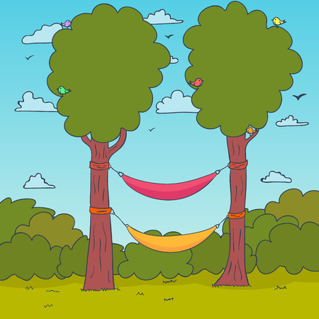 Cartoon Nature Background. Hammocks on a tree. Vector illustrationのイラスト素材