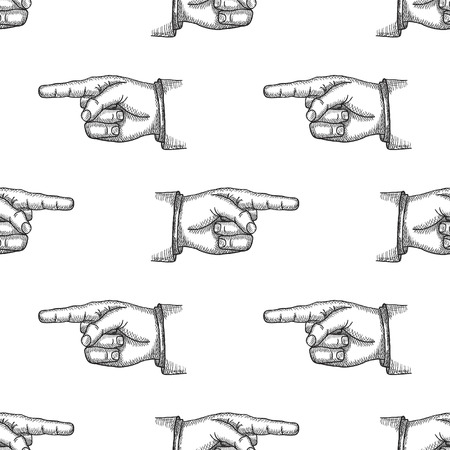 Pointing finger. Black vintage engraved illustration seamless pattern isolated on a white background. Vector illustrationのイラスト素材