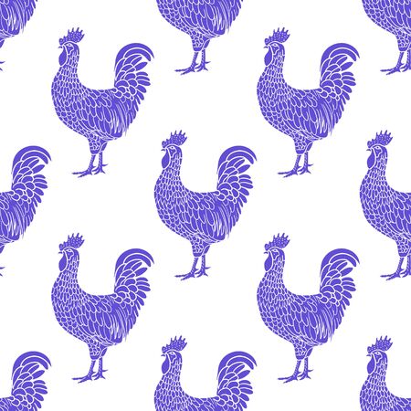 Rooster Pattern. Hen or chicken hand drawn with contour lines on white background. Elegant monochrome drawing of domestic farm poultry bird. illustration in vintage woodcut, engraving or etching style. Vector illustrationのイラスト素材