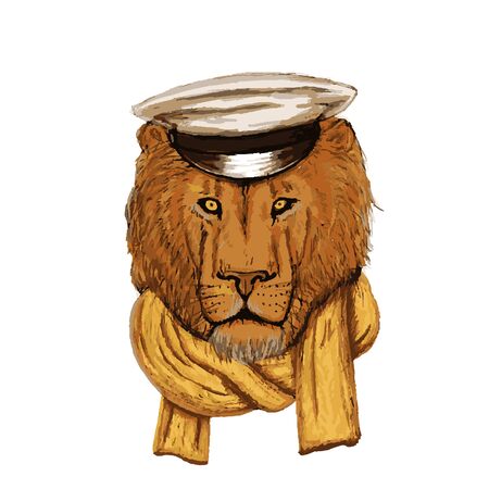 Hand Drawn Lion Head with Hat and Skarf. Lion Face. Vector illustrationのイラスト素材