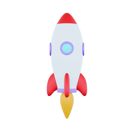3d cartoon style minimal spaceship rocket icon. Toy rocket upswing ,spewing smoke. Startup, space, business concept. 3d Renderingの写真素材