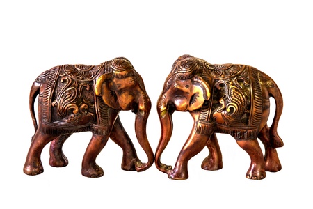 Two wooden elephants in thai style carved with white backgroundの写真素材