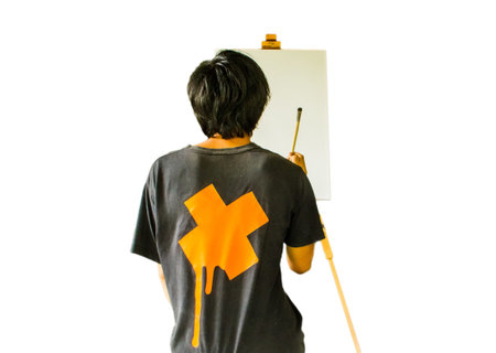 Artist start painting on the canvas which lay on the  tripod paint 