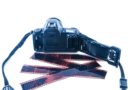 Inside film camera with film  on white background.の写真素材