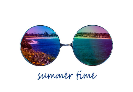 Colorful len sun glasses with sea view and the word summer time  
