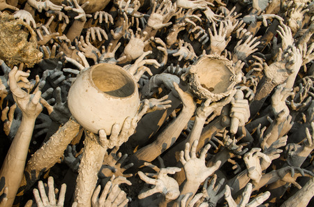 Human hands holding bowl  figure show about buddhist story の写真素材