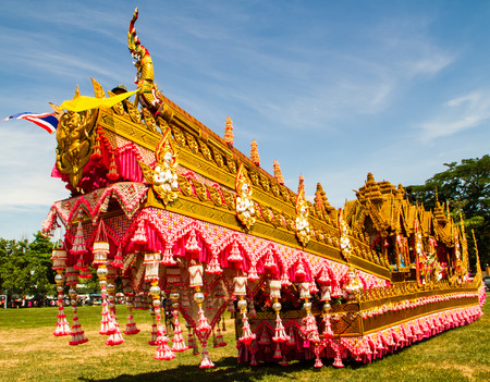 MAHASARAKHAM,THAILAND - MAY 18 :Rocket decoration car  in  Rocket festival "Boon Bang Fai" parade  on May 18,2014 .This festival for agriculture  to celebration the raining season.のeditorial素材
