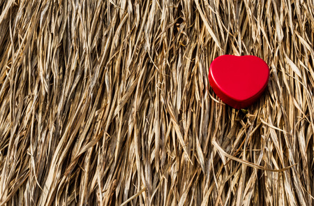 Red heart sign on dry grasses roof.の写真素材