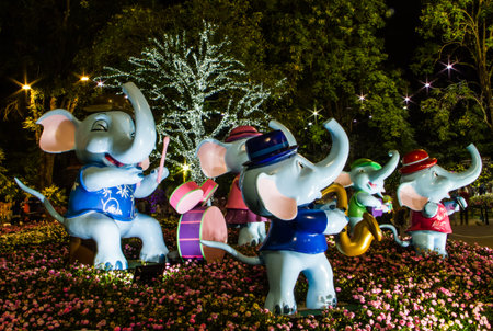 Chiang rai,Thailand-January 4,2015 : Elephant dolls play music  in Chiang rai flower festival 2014.This event will happen in winter time every year.のeditorial素材
