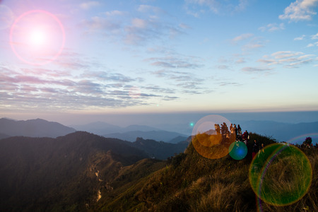 Chiangrai,Thailand-December 26,2014 : People enjoy morning time on the top of the mountain at Phu Cheefa in Chiangrai,Thailand.Phu Cheefa is one of famous mountain in Thailand.のeditorial素材