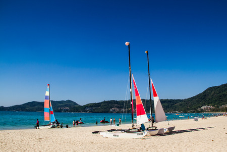 Phuket,Thailand-February 25 : Sailboat for rent at Patong beach in Phuket,Thailand on February 25,2015.Patong beach is the most popular beach in Phuket.のeditorial素材