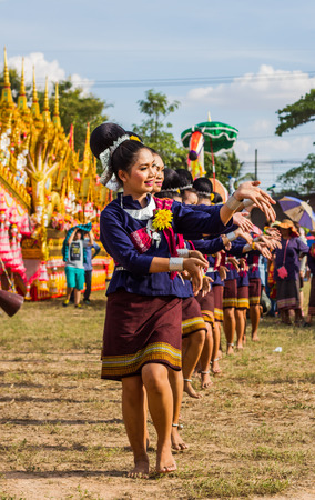 MAHASARAKHAM,THAILAND - MAY 31 : Thai group performing  Thai dancing in Rocket festival   on May 31,2015 .This festival for agriculture  to celebration the raining season.のeditorial素材