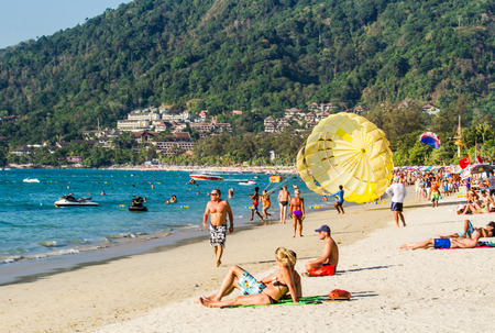 Phuket,Thailand-February 25 : People enjoy water sport  at  Patong beach in Phuket,Thailand on February 25,2015.Patong beach is popular for water sport.のeditorial素材