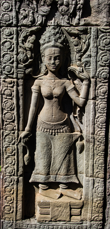 Apsara dancing stone carving at the bas-relief of Banteay Kdei .の写真素材