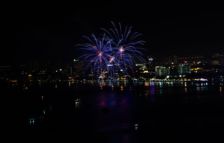 Beautiful firework show beaide the sea.のeditorial素材